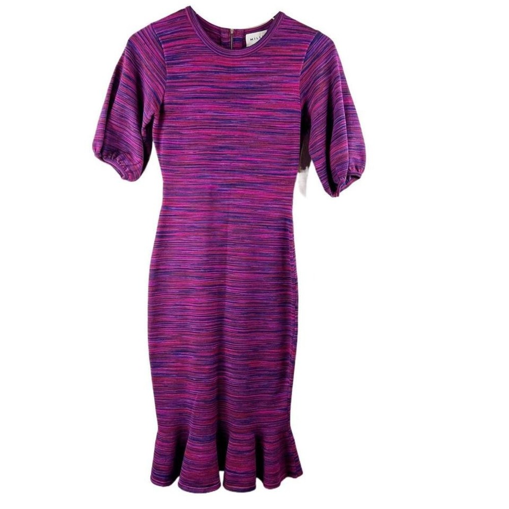 Milly Space Dye Puff Sleeve Ruffle‎ Hem Knee Length Bodycon Dress Pink XS